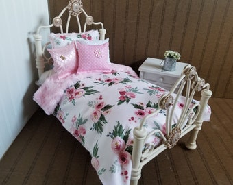 Minky Doll Bedding, Pink Floral/ Reversible Pink Minky, Fits American girl Doll, 18-20" dolls,4 Decorative pillows # 3