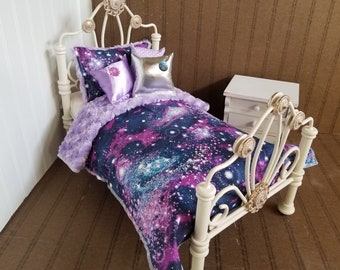 Minky Doll Bedding, Purple galaxy/ReversiblePurple Minky,Fits American Girl 18-20" dolls,4 Decorative pillows # 3
