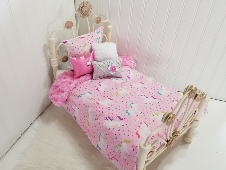 Fits American Girl 18 Dolls Colorful Unicorns Bed Set With Reversible Pink Minky 4 Decorative Pillows 347
