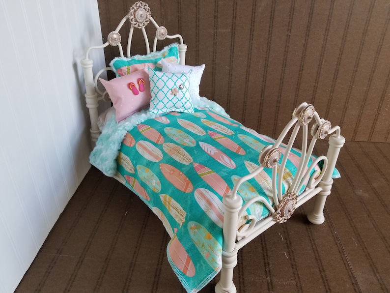 Minky Doll Bedding, Surfs up/ with Reversible Aqua Minky,Fits American Girl Doll, 18-20 Dolls, 4 Decorative pillows 3 image 1