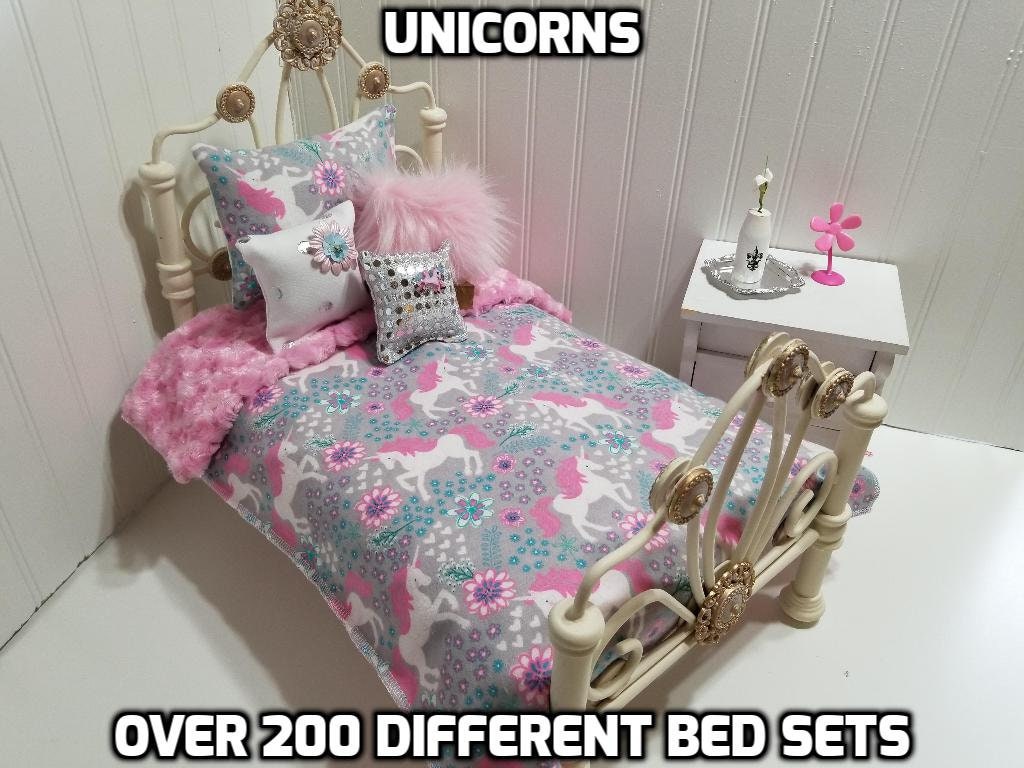 American Girl 18 Unicorns Pink Doll Bedding With Reversible Pink Minky 4 Decorative Pillows 380