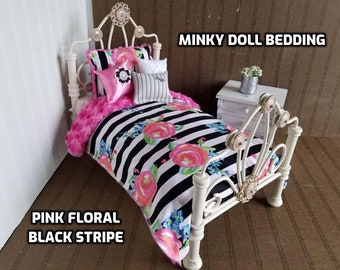 Minky Doll Bedding,Pink Floral /with Reversible Pink minky ,Fits American Girl Doll, 18-20" Dolls,4 Decorative pillows , # 4