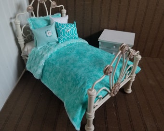 Minky Doll Bedding,Aqua Tye Dye /with Reversible Aqua minky ,Fits American Girl Doll, 18-20" Dolls, 4 Decorative pillows  # 2