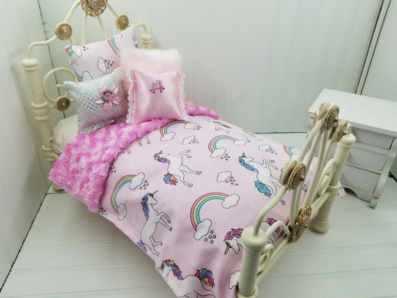 American Girl 18 Doll Unicorns Pink Doll Bedding With Reversible Pink Minky 4 Decorative Pillows 402