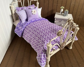 Minky Doll Bedding.Purple Swirl/ Reversible Purple Minky,Fits American Girl 18-20" dolls,4 Decorative pillows # 4