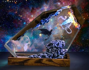 Dual Dragons Resin Lamp | Fire Ice Cosmic Rift Night Light, Handcrafted Wood Base