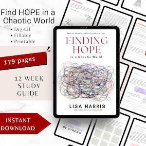May include: A digital 12-week interactive Bible study guide titled Finding Hope in a Chaotic World by Lisa Harris. The cover features a colorful scribbled line graphic. The set includes 179 pages that are fillable and printable for study.