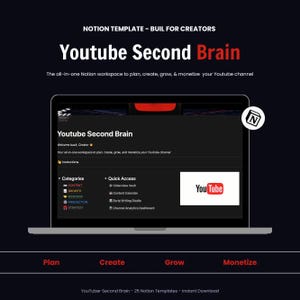 May include: A digital Notion template titled Youtube Second Brain displayed on a laptop screen. The interface features sections for categories like content, growth, business, production, and strategy, alongside quick access links and a YouTube logo.