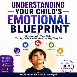 May include: A book cover titled Understanding Your Child's Emotional Blueprint with the subtitle Discover Why Your Child Thinks, Feels and Behaves the Way They Do. It features a child looking up, five circular icons, and text by Dr. M. Hanif and Coach S. Norhayati.