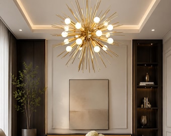 Grote Spoetnik-kroonluchter, 20 lichts messing plafondlamp, modern armatuur uit het midden van de eeuw