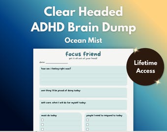Focus Friend – ADHD Brain Dump - (Ocean Mist) | Daily Feelings Check-In, Thought Organiser | Print or Fill on Tablet, Instant Download