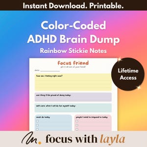 Focus Friend – ADHD Brain Dump - (Rainbow Stickies) | Daily Feelings Check-In, Thought Organiser | Print or Fill on Tablet, Instant Download