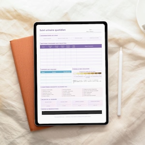 May include: A digital tablet displaying a French daily urinary tracking form titled Suivi urinaire quotidien. The form includes sections for daily information, bathroom visits, fluid intake, a colour scale, symptoms, and daily summary notes.