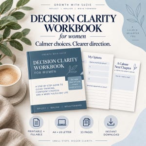 Pode incluir: Um caderno de exercícios Decision Clarity Workbook for women em azul e branco com um guia passo a passo para um pensamento claro. O conjunto inclui uma capa e duas páginas internas com sugestões como My Options e A Calmer Next Chapter. Ícones indicam imprimível, A4/US Letter, 33 páginas e download instantâneo.
