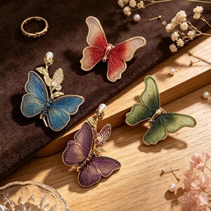 Pode incluir: Quatro broches em forma de borboleta nas cores vermelha, azul, verde e roxa, cada um com asas texturizadas e bordas de metal dourado. Dois broches incluem pequenos caules florais com pérolas brancas. Um anel dourado também está visível.