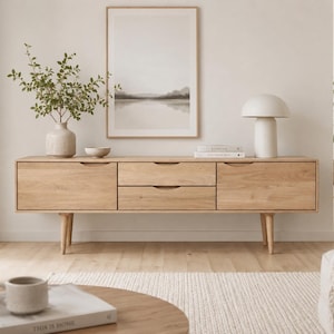 May include: A light oak wood media console featuring two side cabinets and two central drawers with integrated handle cutouts, supported by four tapered legs. The console is topped with a ceramic vase containing greenery, a small bowl, and a table lamp.