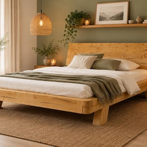 May include: A low-profile platform bed frame constructed from light-toned natural wood with a prominent grain. The bed is dressed with white linens, a textured cream-colored throw pillow, a dark olive green pillow, and a matching olive green throw blanket.