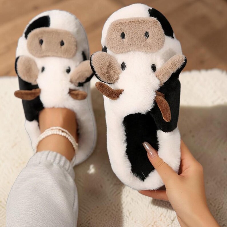 Cow Slippers for Women Cute Heart Plush House Slippers Warm Winter Indoor Shoes Non Slip Cozy Footwear image 5