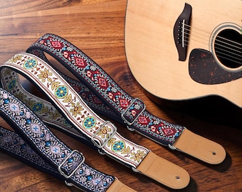 Embroidered Guitar Strap Adjustable Jacquard Cotton Strap for Acoustic Electric Bass Guitar Ukulele with Leather Ends
