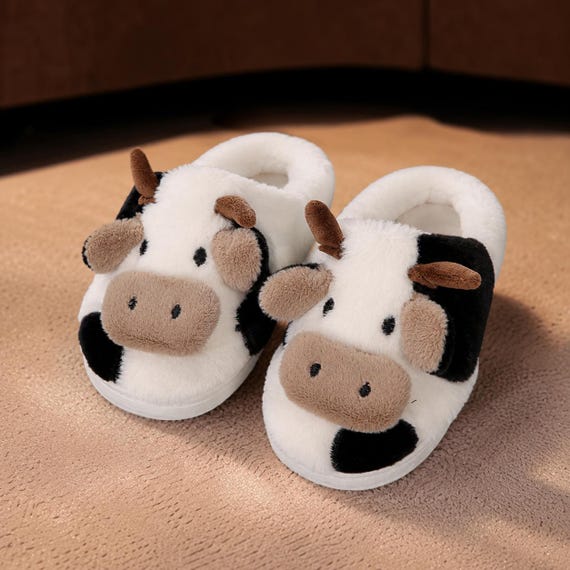 Cow Slippers for Women Cute Heart Plush House Slippers Warm Winter Indoor Shoes Non Slip Cozy Footwear