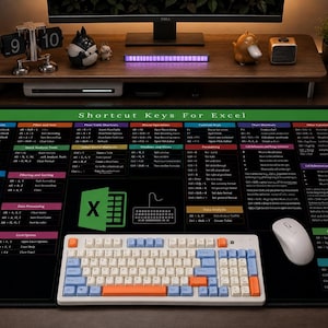 Pode incluir: Um grande tapete de secretária preto com um cabeçalho verde com o texto Shortcut Keys For Excel, exibindo vários atalhos de teclado em secções coloridas, com um teclado mecânico branco e laranja e um rato de computador branco em cima.