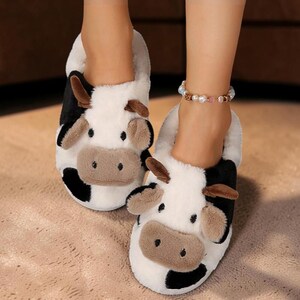 Cow Slippers for Women Cute Heart Plush House Slippers Warm Winter Indoor Shoes Non Slip Cozy Footwear image 4