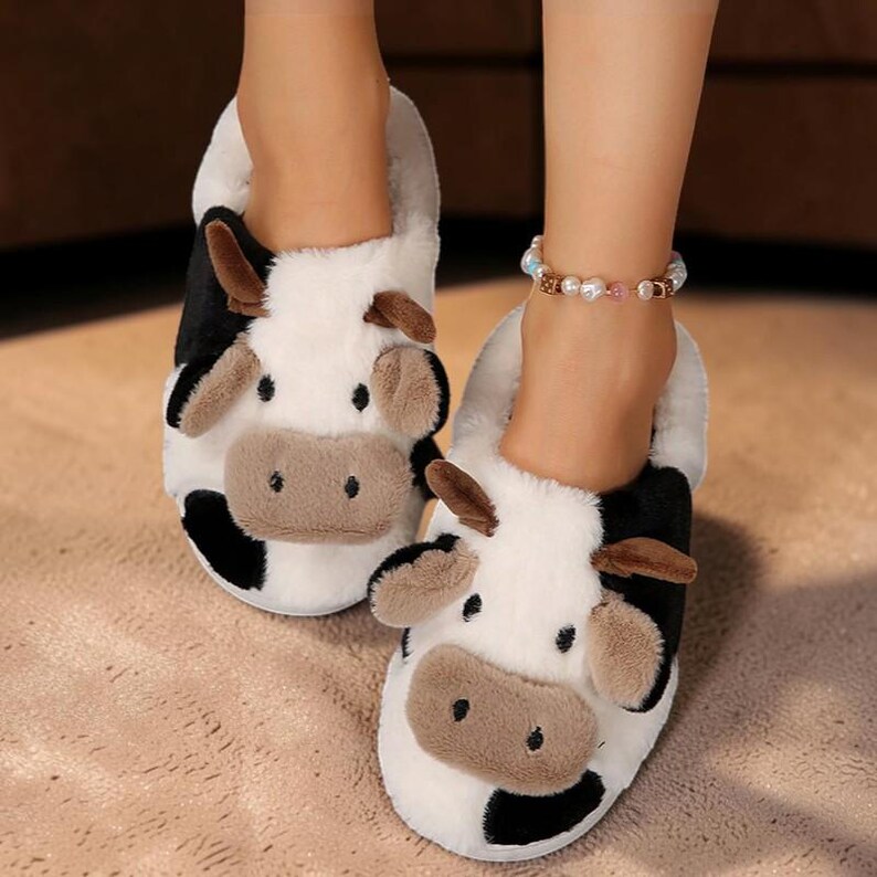 Cow Slippers for Women Cute Heart Plush House Slippers Warm Winter Indoor Shoes Non Slip Cozy Footwear image 4