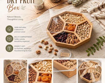 Caja de madera para frutos secos, organizador de aperitivos con múltiples compartimentos y tapa acrílica.
