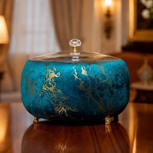 May include: A round, teal-colored container with a textured surface featuring gold veining patterns. It has a clear, domed lid topped with a small, faceted crystal-like knob and rests on four small, ornate gold-toned feet at the base.