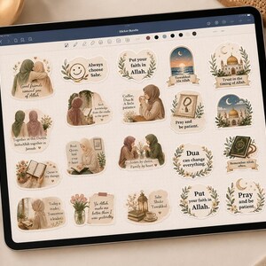 May include: A digital tablet screen displaying a collection of twenty-one individual stickers with Islamic-themed illustrations and text. The stickers feature soft, neutral-toned graphics including mosques, prayer beads, books, flowers, and calligraphy.