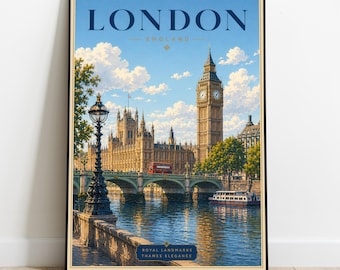Puede incluir: Un póster de viaje vertical que muestra el horizonte de Londres con el Big Ben, el Parlamento y el puente de Westminster sobre el río Támesis. El texto dice LONDON ENGLAND y ROYAL LANDMARKS THAMES ELEGANCE en una paleta de colores azul y oro.