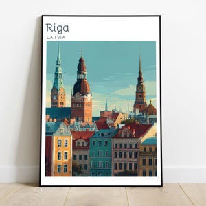 Print van de oude stad van Riga, muurdecoratie met de skyline van Letland, decoratie voor de Sint-Pieterskerk