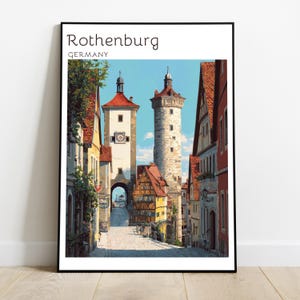 Pôster de Rothenburg, Alemanha, Impressão de Torres Medievais, Decoração do Portão da Cidade Velha, Paisagem Urbana Ilustrada