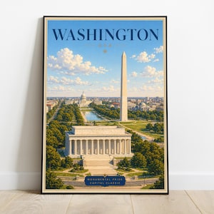 Washington DC National Mall Print, Lincoln Memorial USA Wall Art, Vintage Travel Poster