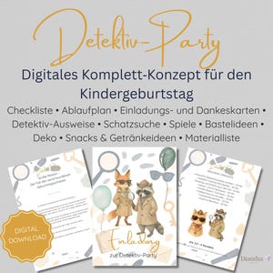 Könnte beinhalten: Ein digitales Detektiv-Party-Komplettkonzept mit Checkliste, Ablaufplan, Einladungen, Dankeskarten, Ausweisen, Schatzsuche, Spielen, Bastelideen, Deko, Snack- und Getränkeideen sowie Materialliste mit Illustrationen von Fuchs und Waschbär.