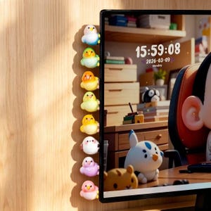 Pode incluir: Uma fila vertical de oito pequenas figuras coloridas em forma de pássaro presas à borda esquerda de um monitor de computador. Os pássaros estão dispostos em um gradiente de cores que inclui azul, verde, laranja, amarelo, branco e rosa.