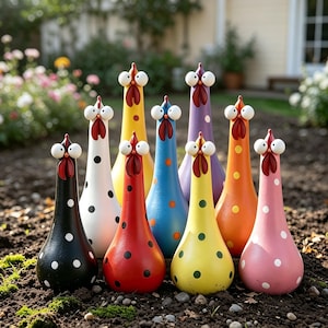 May include: A collection of nine teardrop-shaped chicken figurines arranged in a group. Each figure features a distinct solid colour body with contrasting polka dots, a red wattle, and two large, wide-eyed white eyes with black pupils.