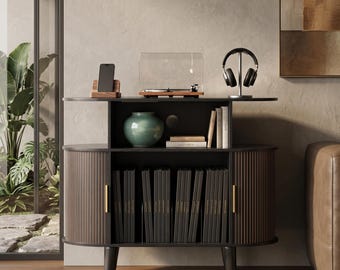 Mid Century Modern Record Player Stand, Oak Vinyl Storage Cabinet with USB Ports