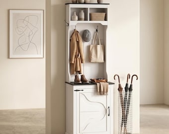 Farmhouse Hall Tree, White Entryway Organizer with Shoe Storage Cabinet