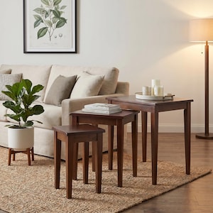 Walnut Nesting Accent Tables Set, Modern Stackable Side Tables, Space Saving Wood Furniture