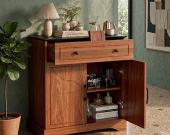 Walnut Coffee Bar Cabinet with Drawer, Modern Storage Sideboard Buffet
