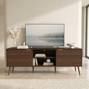 Mid-Century Modern Walnut TV Stand with Wave Doors, Media Console Storage Cabinet