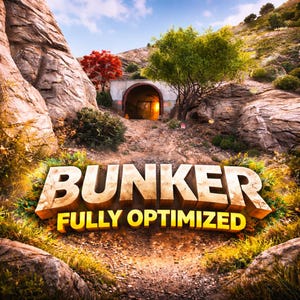 Könnte beinhalten: Eine digitale Grafik mit dem Text BUNKER FULLY OPTIMIZED in großen, fetten, beigen 3D-Buchstaben. Der Hintergrund zeigt einen Feldweg, der zu einem Betontunnelausgang führt, eingebettet zwischen felsigen Hügeln, grünen Bäumen und einem roten Baum.