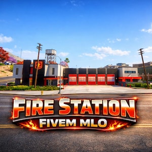 Könnte beinhalten: Eine moderne Feuerwache mit grauer und schwarzer Fassade, fünf roten Garagentoren und einem Wasserturm. Eine Grafik im Vordergrund zeigt den Text FIRE STATION FIVEM MLO, der von stilisierten Flammen umgeben ist.