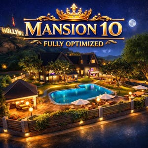Puede incluir: Una escena nocturna con una casa grande y una piscina, iluminada por luces exteriores cálidas. El texto MANSION 10 FULLY OPTIMIZED aparece en letras doradas bajo una corona dorada. Un letrero estilo Hollywood es visible en una colina lejana.