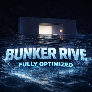 Puede incluir: El texto BUNKER RIVE FULLY OPTIMIZED aparece en grandes letras 3D heladas y de tono azul que flotan sobre agua oscura y ondulante. Al fondo, una estructura rectangular similar al hormigón con una entrada blanca brillante.