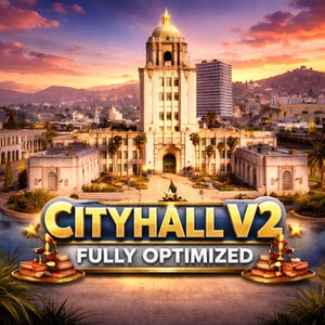 Puede incluir: Un gráfico digital con el texto CITYHALL V2 FULLY OPTIMIZED en letras doradas en negrita. La imagen muestra un gran edificio municipal de color claro con una torre central, sobre un cielo al atardecer con palmeras y un paisaje urbano.