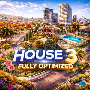 Puede incluir: Una ilustración digital de un paisaje suburbano con una casa, una piscina, palmeras y edificios urbanos al fondo. El texto HOUSE 3 FULLY OPTIMIZED aparece en letras grandes, negritas, azules y doradas en el primer plano.