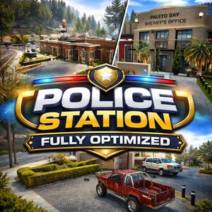 Puede incluir: Un gráfico digital con el texto POLICE STATION FULLY OPTIMIZED en letras negritas blancas y doradas. El fondo muestra dos vistas de un edificio de ladrillo etiquetado como PALETO BAY SHERIFFS OFFICE y una camioneta roja en un estacionamiento.