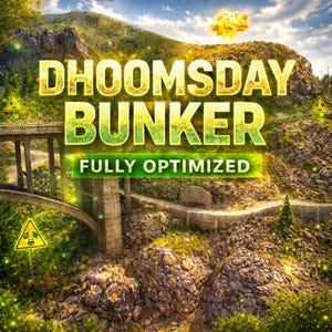 Puede incluir: Una ilustración digital que muestra un paisaje montañoso rocoso con un puente de hormigón y señales de peligro amarillas. El texto DHOOMSDAY BUNKER y FULLY OPTIMIZED está superpuesto en grandes letras brillantes amarillas y verdes.